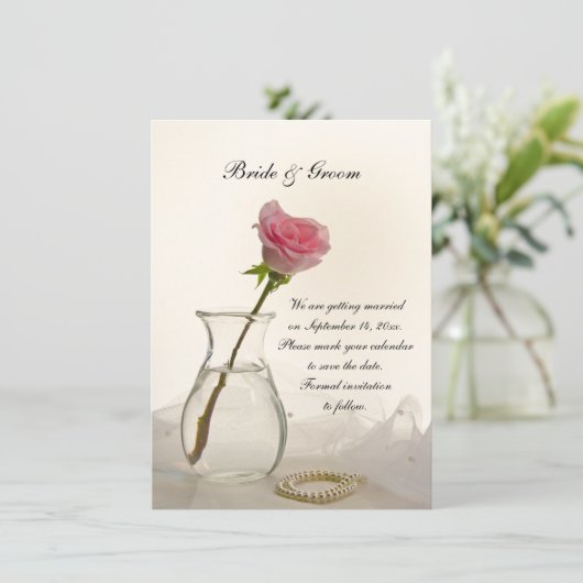 Rosa und weiße Perlen Hochzeit speichern das Datum Einladung (Stehend Vorderseite)