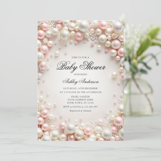 Rosa und weiße Perlen mit Diamond Baby Dusche Einladung (Stehend Vorderseite)