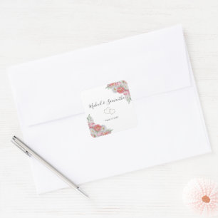 Rosa und Weiße Pfingstrosen-Hochzeit Quadratischer Aufkleber