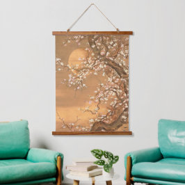 Rosa und weiße Pflaumenblüten im Mondschein, Shiza Wandteppich Mit Holzrahmen