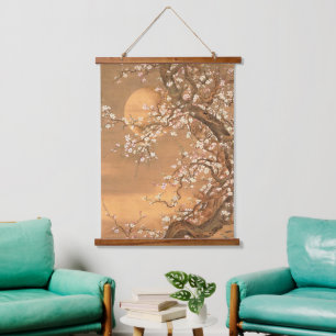Rosa und weiße Pflaumenblüten im Mondschein, Shiza Wandteppich Mit Holzrahmen