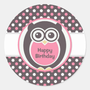 Rosa und weiße Polka Dot Owl Geburtstagsaufkleber Runder Aufkleber