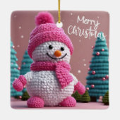 Rosa und weiße Polka Dot Snowman Keramikornament (Rückseite)