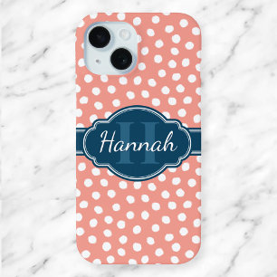 Rosa und weiße Polka Dots Blaues Monogramm Case-Mate iPhone Hülle