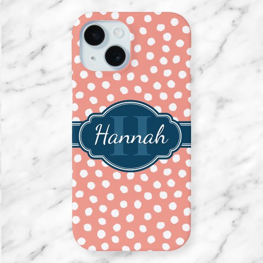 Rosa und weiße Polka Dots Blaues Monogramm Case-Mate iPhone Hülle