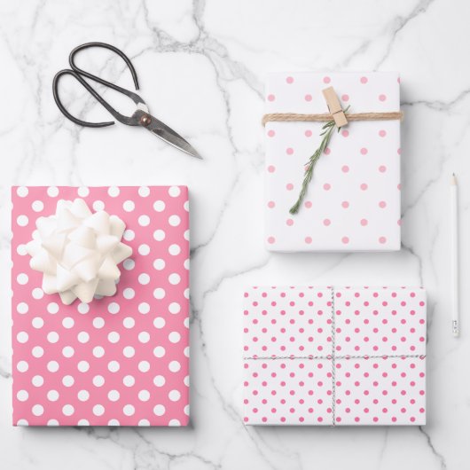Rosa und weiße Polka-Punkte Geschenkpapier Set (Vorderseite)
