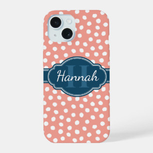 Rosa und weiße Punkte Blaues Monogramm iPhone 15 Hülle