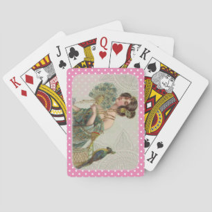 Rosa und weiße Punkte Vintage Dame und Papagei Spielkarten