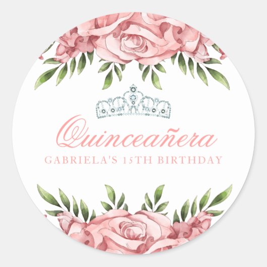 Rosa und weiße Quinceanera Runder Aufkleber (Vorderseite)