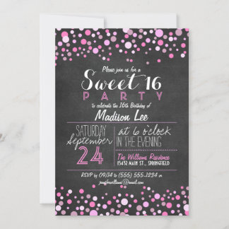 Rosa und weiße Retro-Khalkboard Sweet 16 Party Einladung