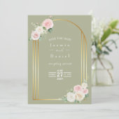 Rosa und weiße Rose blüht Hochzeiten Save The Date (Stehend Vorderseite)