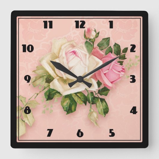 Rosa und Weiße Rose Bouquet Quadratische Wanduhr (Vorderseite)