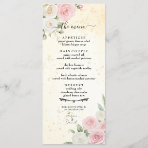 Rosa und Weiße Rosenblüten Hochzeitsmenü Menükarte