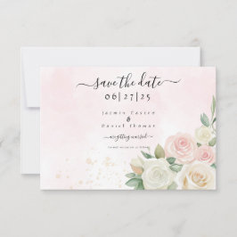 Rosa und Weiße Rosenblüten Save the Date flache Ka