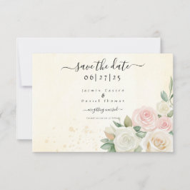 Rosa und Weiße Rosenblüten Save the Date flache Ka
