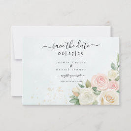 Rosa und Weiße Rosenblüten Save the Date flache Ka