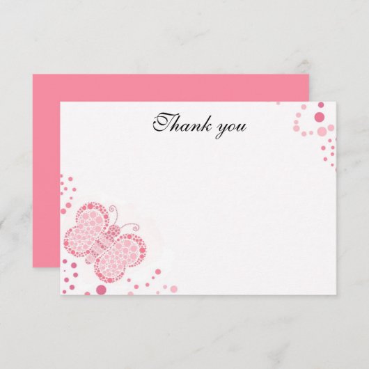 Rosa und weiße Schmetterlingsflasche Danke Einladung (Vorne/Hinten)