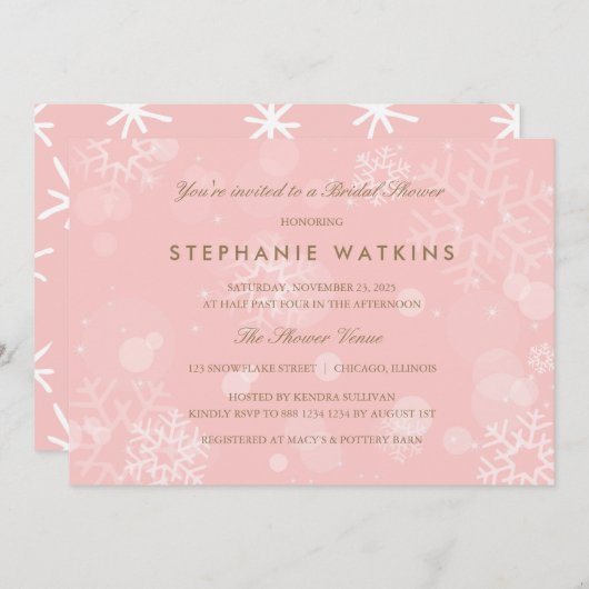 Rosa und weiße Schneeflocken Brautparty Einladung (Vorne/Hinten)