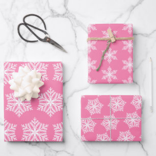 Rosa und weiße Schneeflocken Muster Weihnachten Geschenkpapier Set