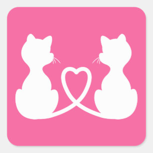 Rosa und weiße Silhouette von zwei Katzen in Liebe Quadratischer Aufkleber