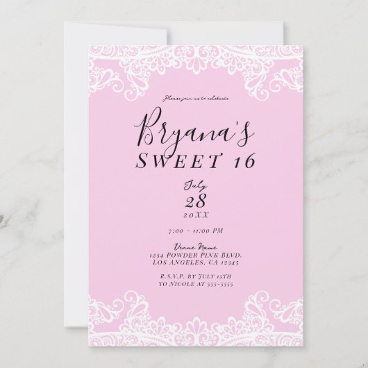 Rosa und weiße Spitzen Elegant Sweet 16 Party Einladung (Vorderseite)
