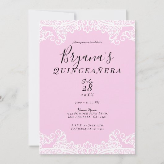 Rosa und weiße Spitzen Elegantes Quinceñera Einladung (Vorderseite)