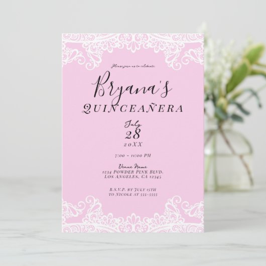 Rosa und weiße Spitzen Elegantes Quinceñera Einladung (Stehend Vorderseite)
