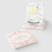 Rosa und weiße Spitzen Save the Date Aufkleber 2 Steinuntersetzer (Seitenansicht)