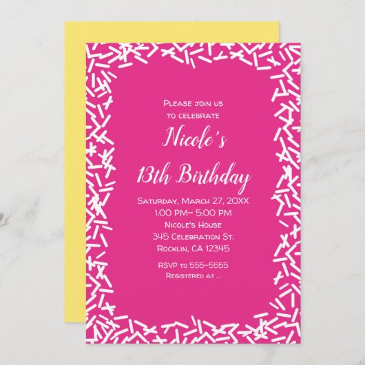 Rosa und weiße Sprinklen Niedliche Geburtstag Part Einladung (Vorne/Hinten)