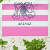 Rosa und weiße Streifen Blauer Oktopus Geschirrtuch (Gefaltet)