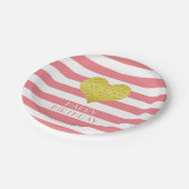 Rosa und weiße Streifen Goldenes Herz zum Geburtst Pappteller (Schrägansicht)
