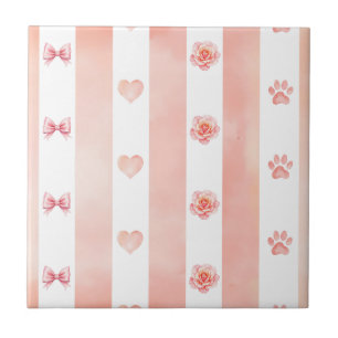Rosa und weiße Streifen - Herz, Rose, Paw Print Fliese