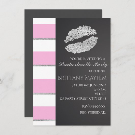 Rosa und weiße Streifen Imitate Silber Lippen Kiss Einladung (Vorne/Hinten)