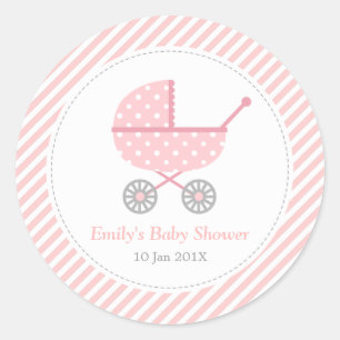 Rosa und weiße Streifen, Kinderwagen, Babygirl-Sho Runder Aufkleber