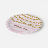 Rosa und weiße Streifen mit goldenem Herz-Party Pappteller (Schrägansicht)