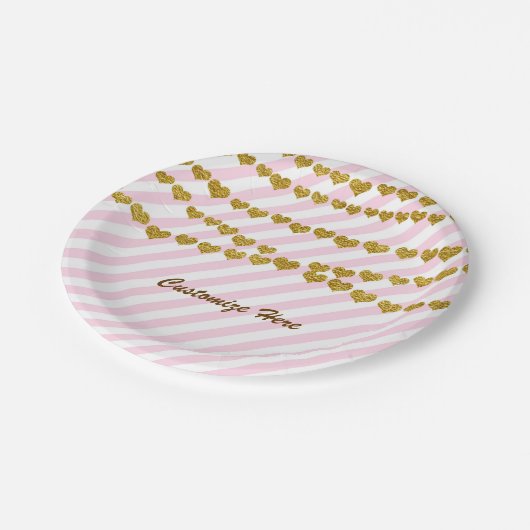 Rosa und weiße Streifen mit goldenem Herz-Party Pappteller (Schrägansicht)