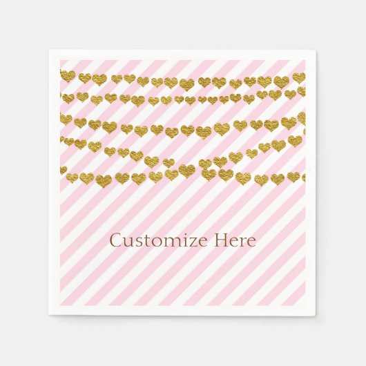 Rosa und weiße Streifen mit goldenem Herz-Party Serviette (Vorderseite)