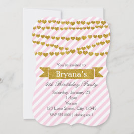 Rosa und weiße Streifen mit Goldenen Herzen Einlad Einladung