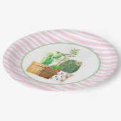 Rosa und weiße Streifen mit Kakteen-Sukkulenten Pappteller (Schrägansicht)