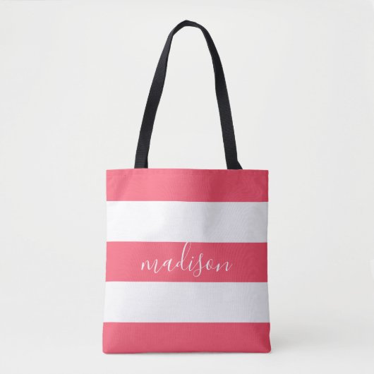 Rosa und weiße Streifen mit Name Typografie Tasche (Vorderseite)