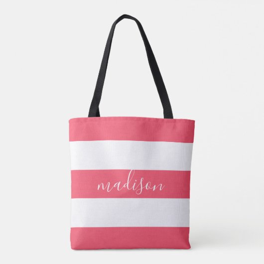 Rosa und weiße Streifen mit Name Typografie Tasche (Rückseite)
