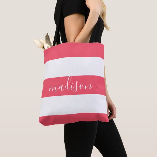 Rosa und weiße Streifen mit Name Typografie Tasche (Von Nahem)