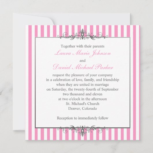 Rosa und weiße Streifen mit Silber-Rollen laden ei Einladung (Rückseite)