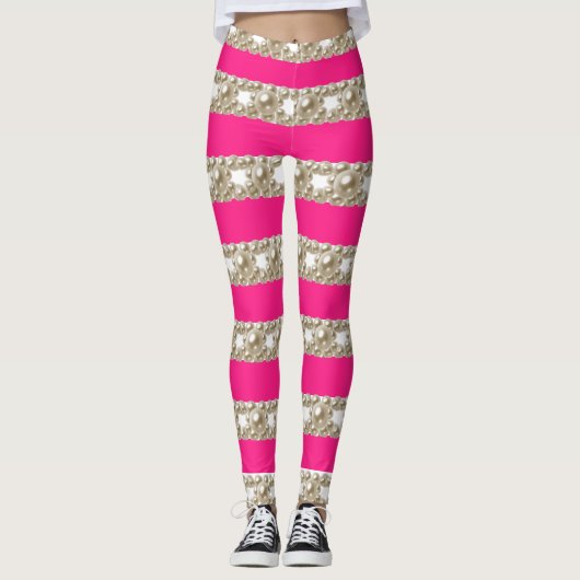 Rosa und weiße Streifen mit stilechten Perlen Leggings (Vorderseite)