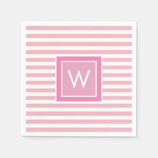 Rosa und weiße Streifen Monogramm, Preppy Blush Serviette (Vorderseite)