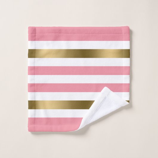 Rosa und weiße Streifen Muster Goldakzente Badhandtuch Set (Waschlappen)