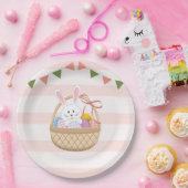 Rosa und weiße Streifen Osterhase im Korb Pappteller (Party)
