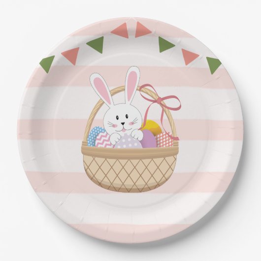 Rosa und weiße Streifen Osterhase im Korb Pappteller (Vorderseite)