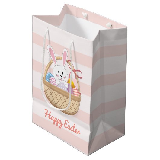 Rosa und weiße Streifen Ostersonne im Korbgeflecht Mittlere Geschenktüte (Vorderseite Schrägansicht)