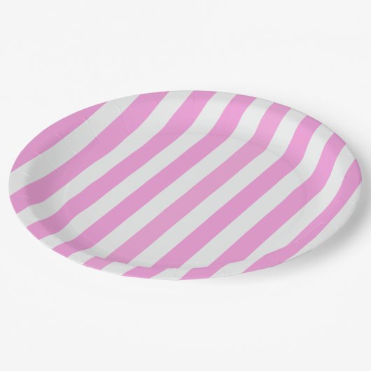 Rosa und weiße Streifen Pappteller (Schrägansicht)